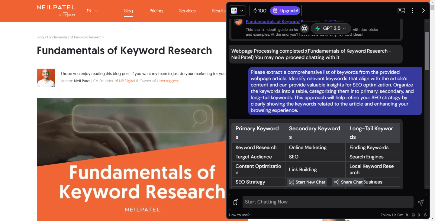 The screenshot shows the Merlin AI Chrome extension integrated into a web page. A chat window displays the prompt "Please extract a comprehensive list of keywords from the provided webpage article." The extension uses AI to analyze the webpage content and generate a list of relevant keywords for SEO optimization.
