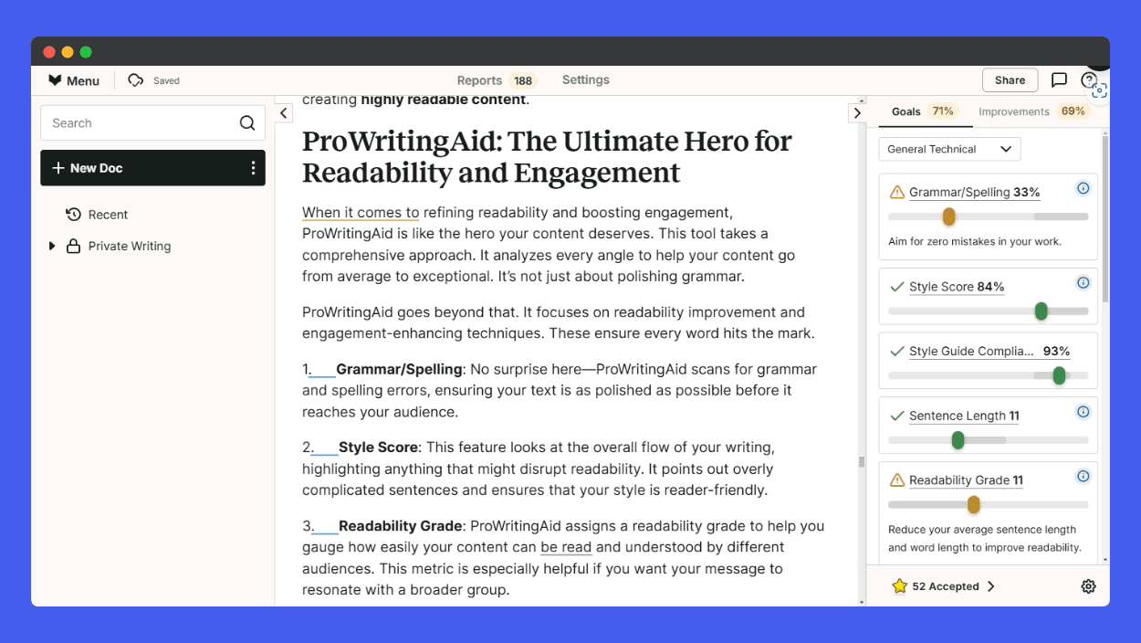 Screenshot of ProWritingAid interface analyzing readability for a document titled 'ProWritingAid: The Ultimate Hero for Readability and Engagement.' The tool evaluates Grammar/Spelling, Style Score, and Readability Grade, providing metrics and feedback to improve text clarity and engagement.