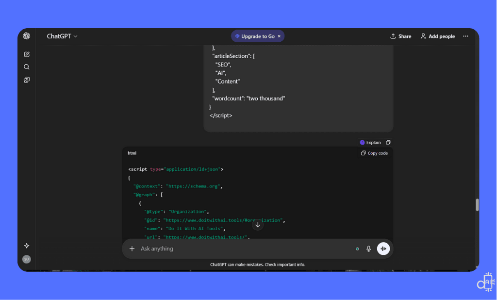 A screenshot of the ChatGPT interface on a blue background displaying a dedicated prompt for auditing and optimizing existing JSON-LD schema markup