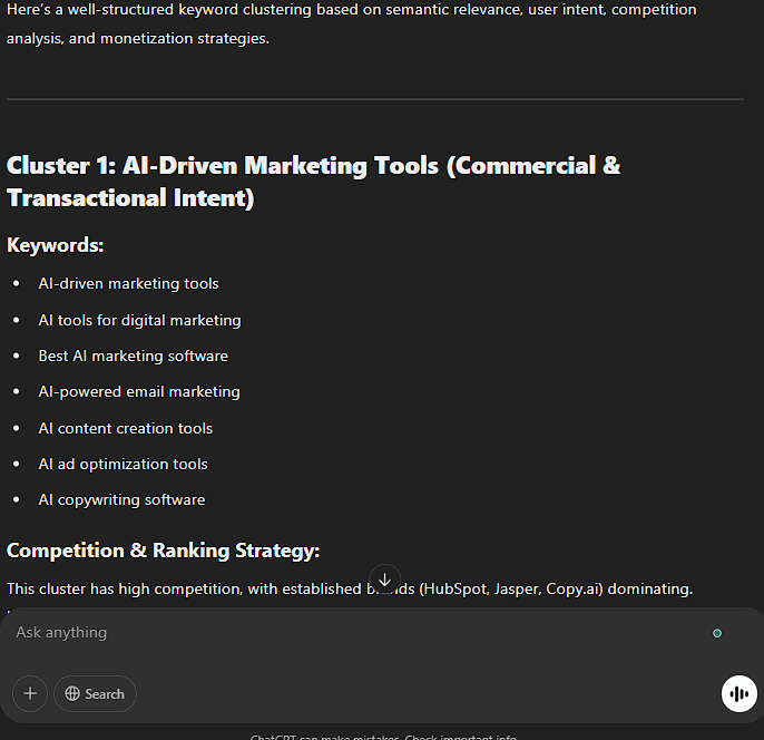 Screenshot of ChatGPT interface showing a keyword clustering example with "Cluster 1: AI-Driven Marketing Tools," listing related keywords, competition analysis, and ranking strategy notes.