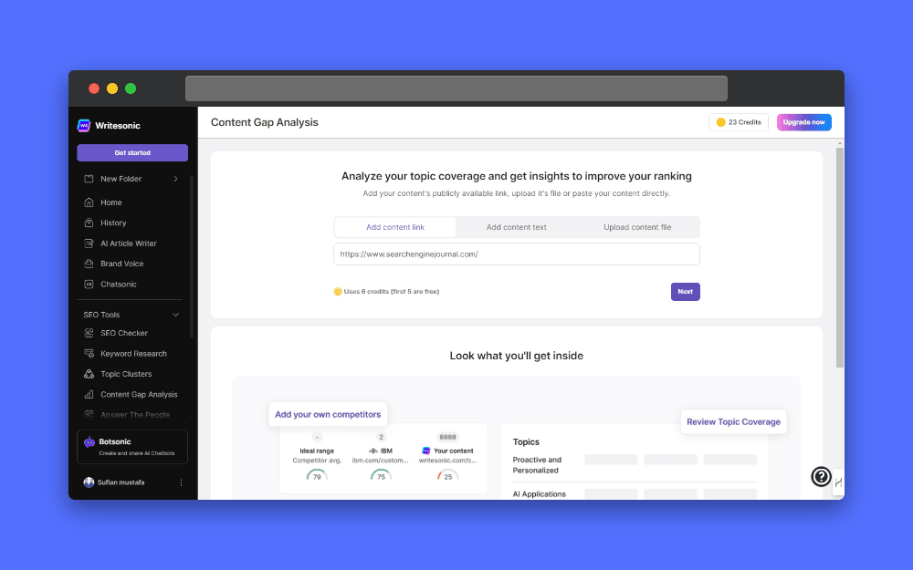 Screenshot of Writesonic Content Gap Analysis: Analyze your website's content coverage and identify opportunities to improve your search engine ranking. Easily add your content link, upload a file, or paste your content directly