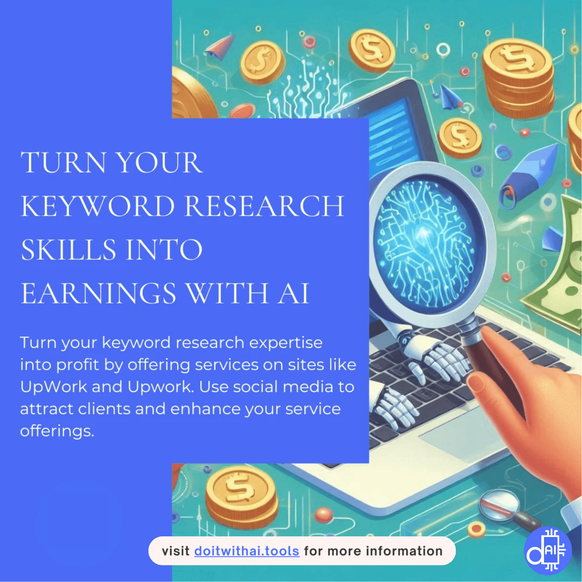 Infographic on how to monetize keyword research skills using AI and free SEO tools, featuring tips for finding clients and offering additional services