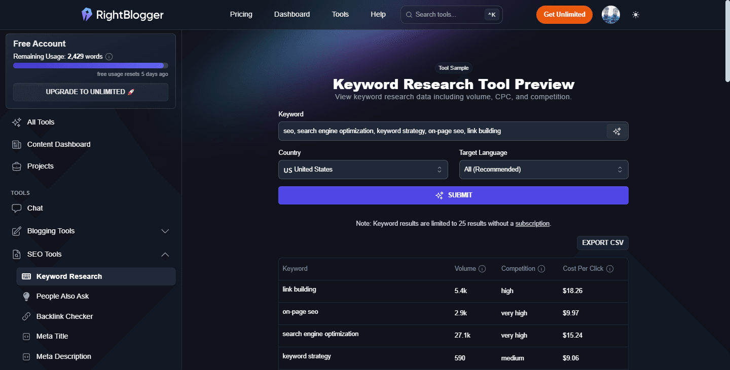 The screenshot shows the RightBlogger platform, featuring a keyword research tool powered by AI. Users can enter target keywords to discover high-performance search terms with data on search volume, CPC, and competition. The tool provides real-time keyword suggestions based on emerging trends, helping content creators optimize their content for SEO.