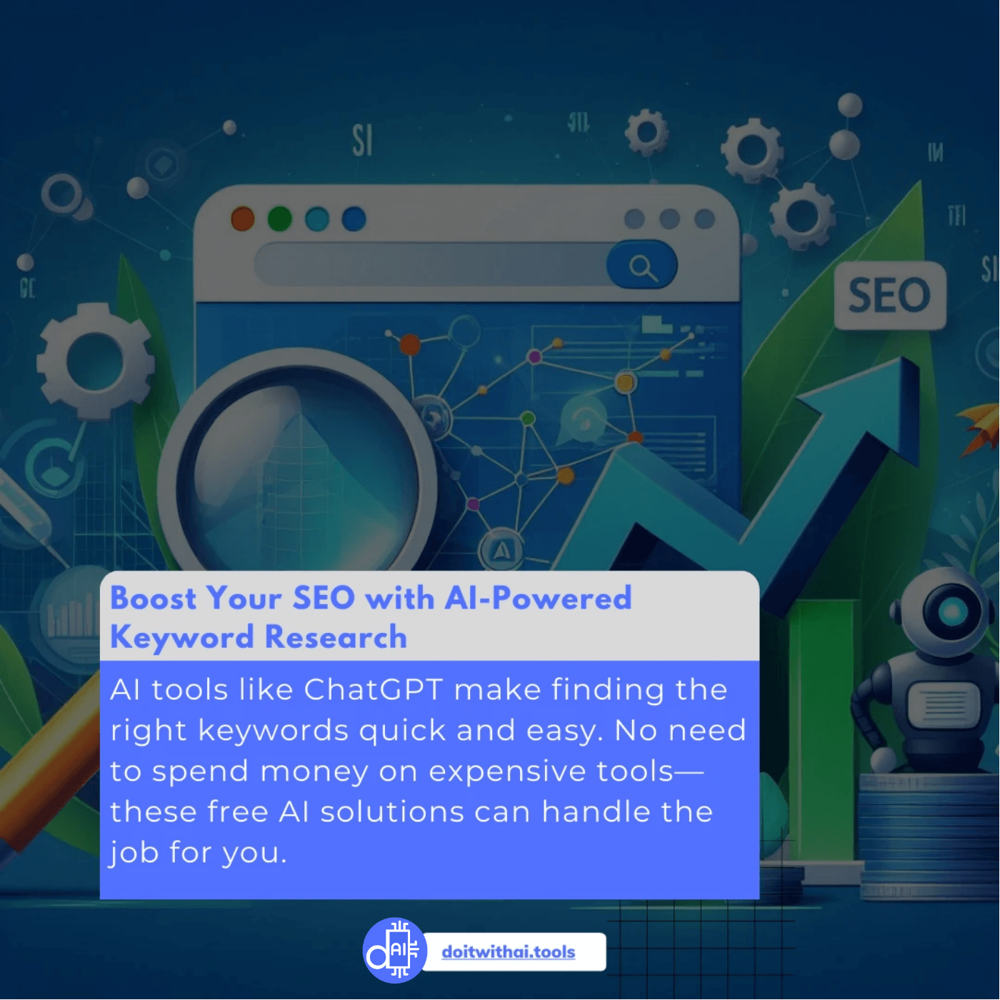 AI-powered keyword research graphic. Features a search bar, magnifying glass, data points, and an upward-trending arrow, symbolizing AI's role in SEO and keyword analysis.