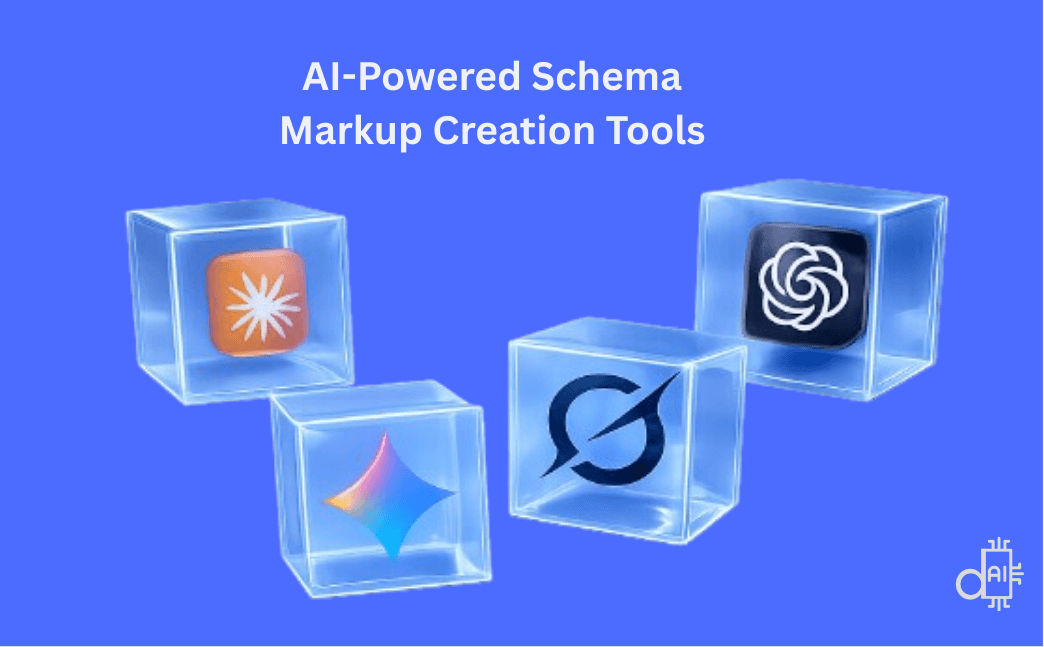 A professional graphic titled AI-Powered Schema Markup Creation Tools on a blue background