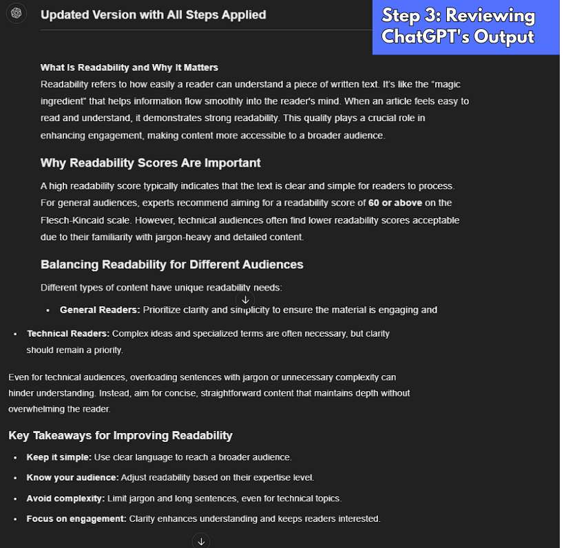 Document with the title 'Updated Version with All Steps Applied' and a section titled 'Step 3: Reviewing ChatGPT's Output,' displaying the revised content after ChatGPT's analysis and suggestions