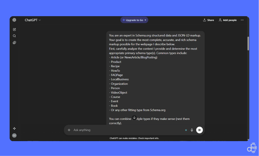 A screenshot of the ChatGPT interface on a blue background showing a detailed prompt for generating complete and rich Schema.org structured data in JSON-LD format