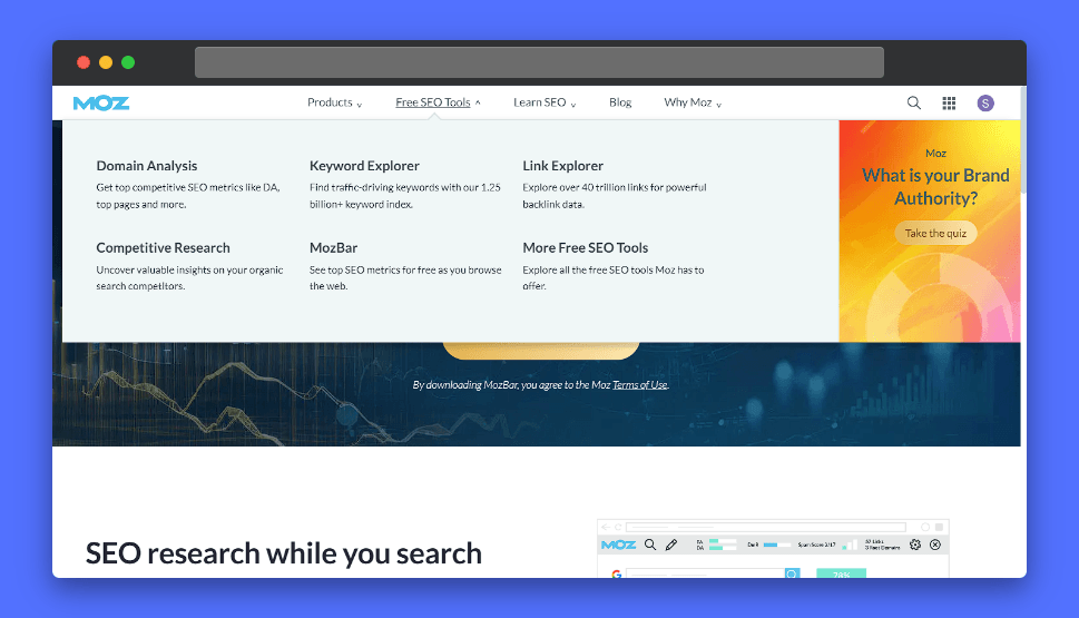 Moz interface displaying Domain Analysis, Keyword Explorer, Link Explorer, and MozBar features for SEO research