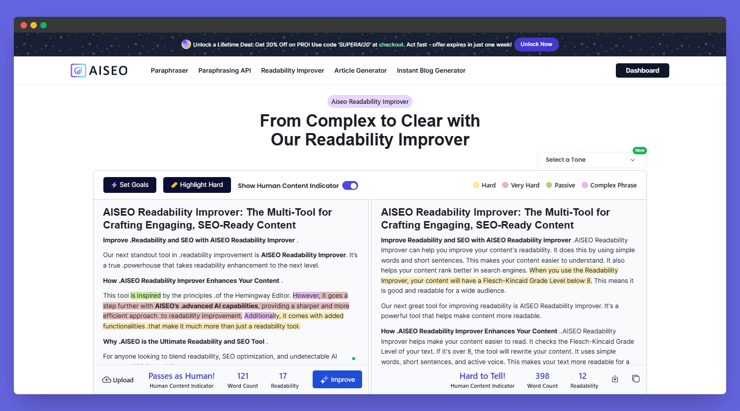 Screenshot of the AISEO Readability Improver interface, showing a document with readability suggestions, SEO features, and various content creation tools.