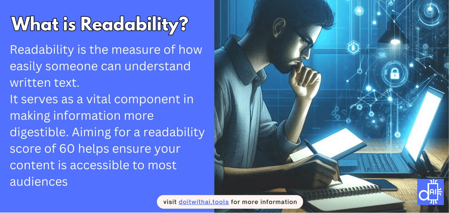 Split design with text defining readability as the ease of understanding written text, and an illustration of a person working with a laptop and notebook, surrounded by digital network graphics.