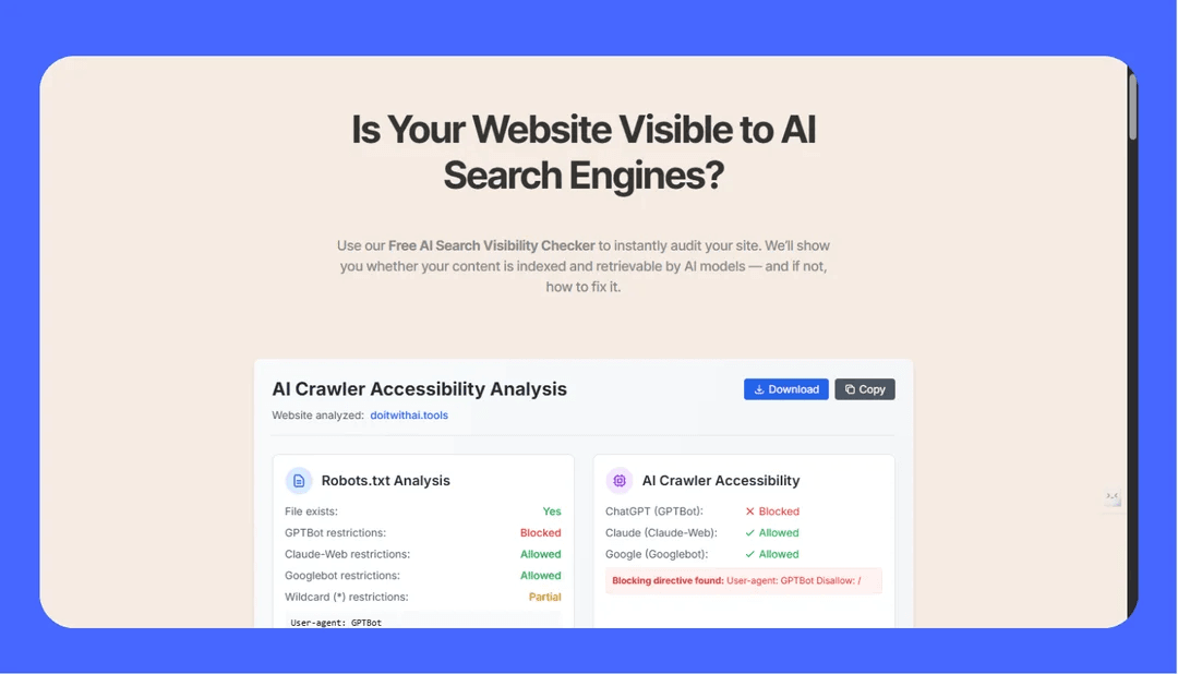 A screenshot of the AdAmigo AI Search Visibility Checker on a light cream background, displaying a technical audit for the website doitwithai.tools