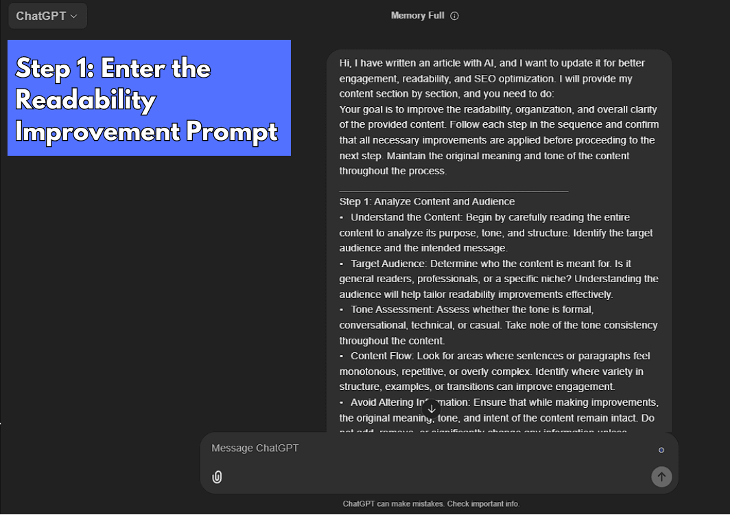 ChatGPT interface with a prompt box titled 'Step 1: Enter the Readability Improvement Prompt' and detailed instructions for improving content readability.
