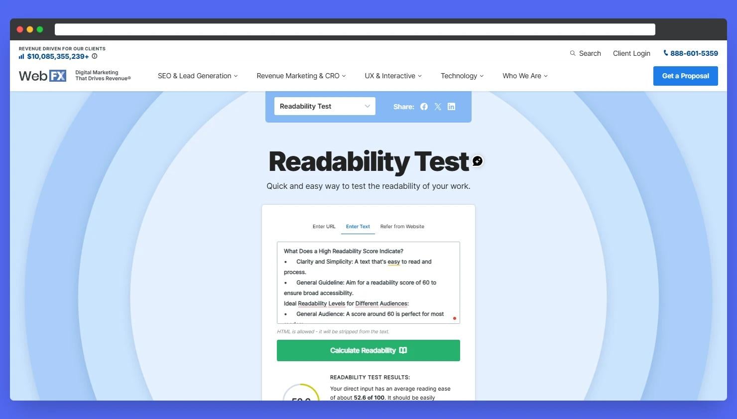 Screenshot of the Web FX Readability Test page. The tool offers a quick and easy way to test the readability of written content. Includes options to enter a URL or text for readability analysis, and displays results indicating text clarity and ideal readability levels for different audiences.