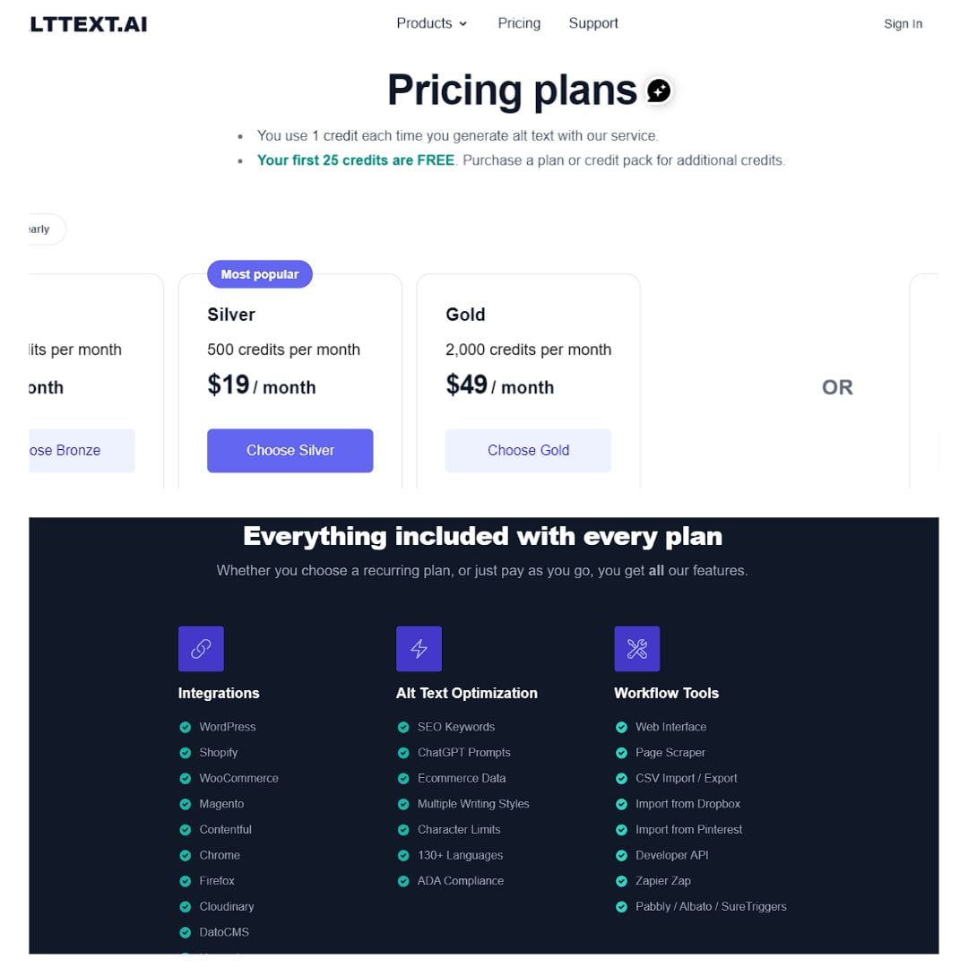 alttext.ai pricing and plans table. Choose from free trial, monthly subscriptions (Bronze, Silver, Gold) with varying image credits, or a one-time credit purchase. All plans include access to all features and integrations.
