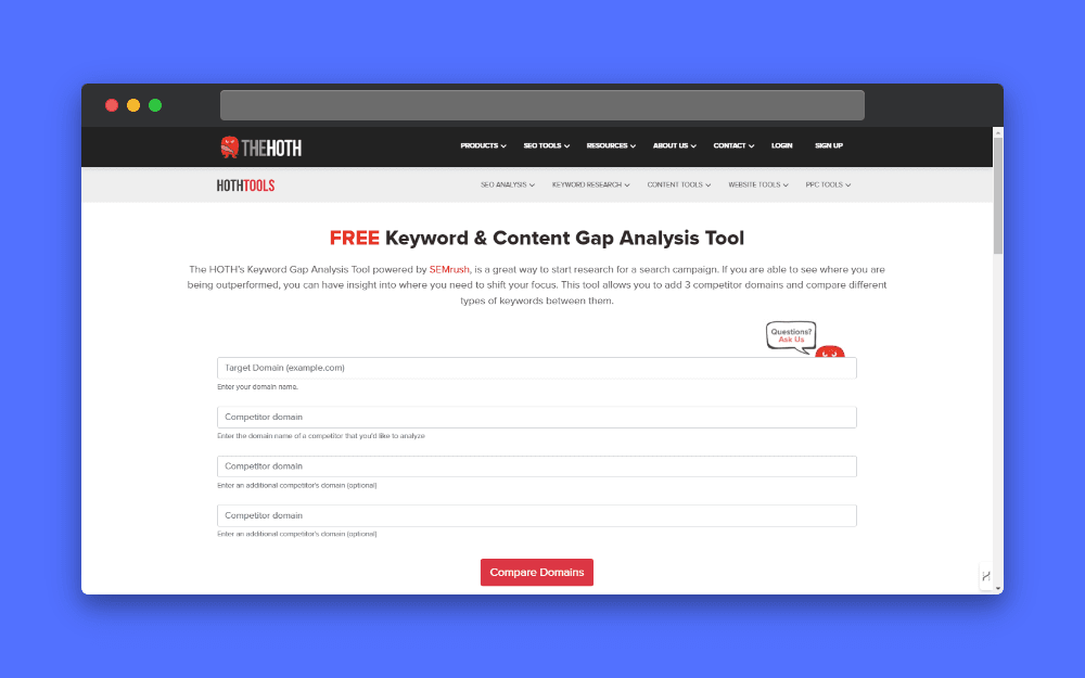 Screenshot of The HOTH Free Keyword & Content Gap Analysis Tool interface, showing input fields for target domain and up to three competitor domains, with a description of the tool's functionality and a "Compare Domains" button.