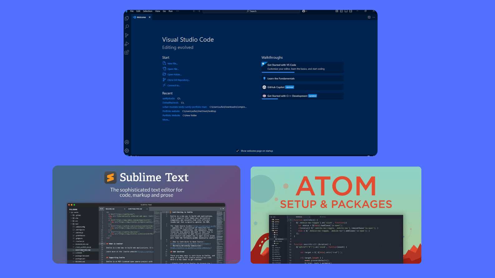A collage displaying the interfaces of three popular code editors: Visual Studio Code, Sublime Text, and Atom, illustrating the tools used for writing web development code.