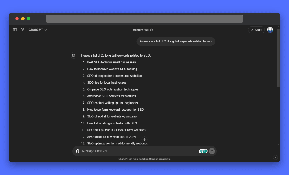ChatGPT interface displaying a prompt for long-tail keywords and the generated list.