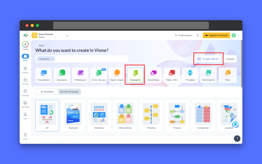 Screenshot of the Visme AI interface, highlighting the 'Create with AI' option and various infographic subcategories, showcasing its versatile AI toolbox and detailed customization features.