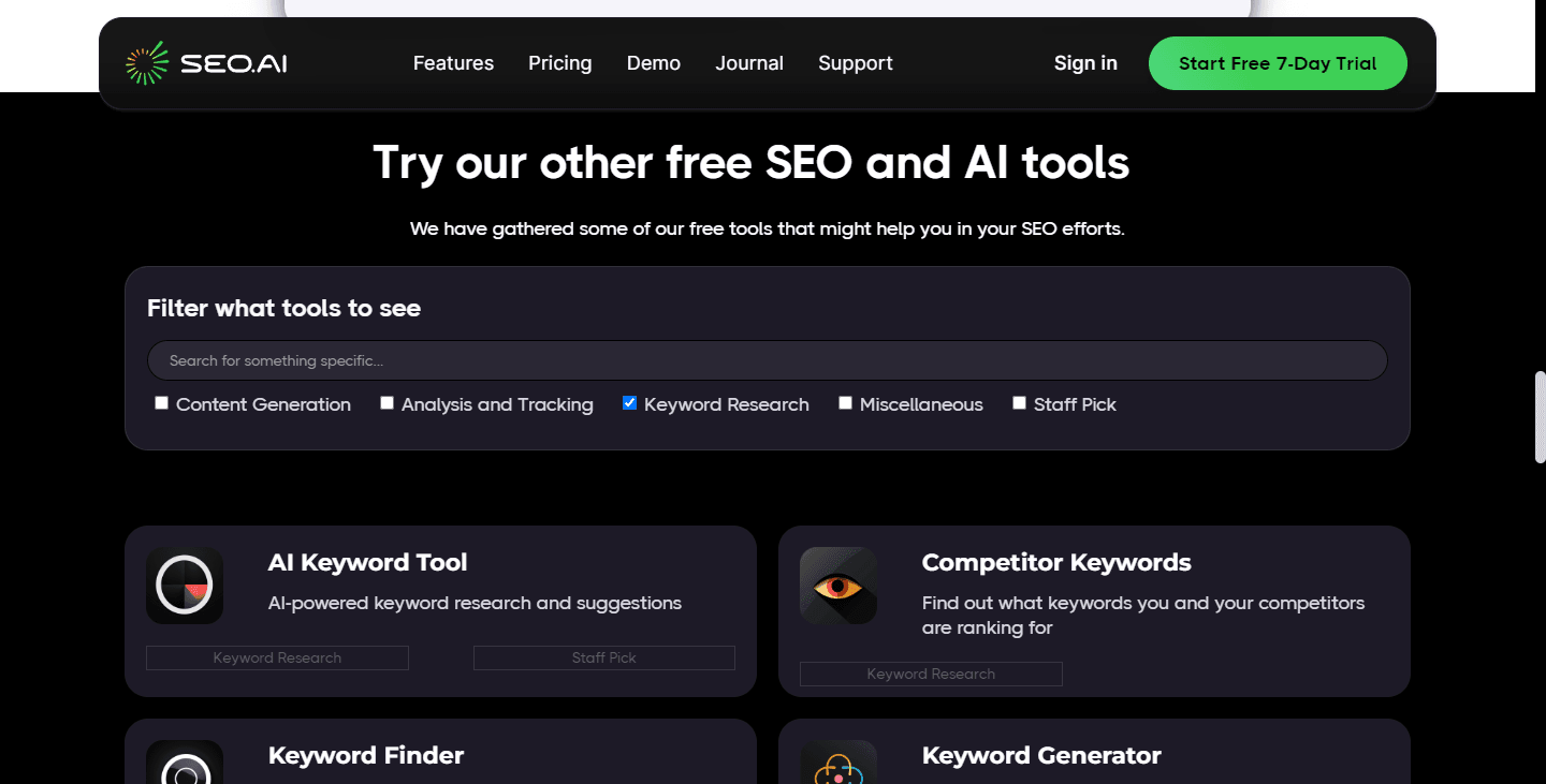 SEO.ai website showcasing free AI-powered SEO tools, including AI Keyword Tool, Competitor Keywords, Keyword Finder, and Keyword Generator, with filter options for easy navigation.
