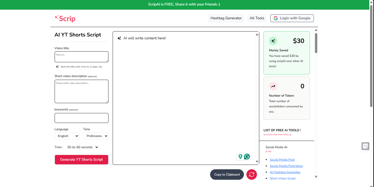 Scrip AI interface displaying its free tools for video script generation, including TikTok, YouTube, and Shorts/Reels script generators, alongside social media tools for LinkedIn.