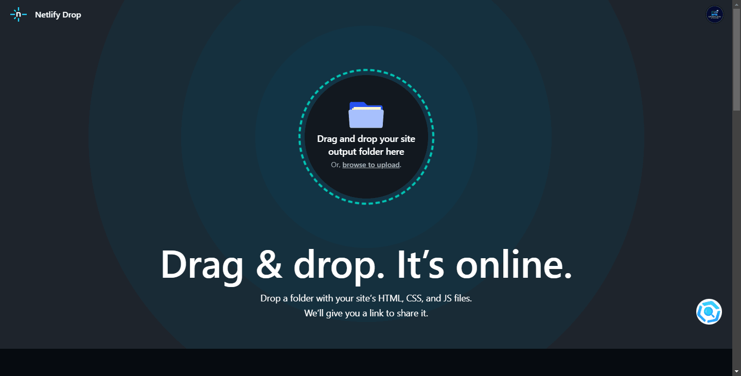 Screenshot of the Netlify Drop interface showing a drag-and-drop area with instructions to upload a site output folder containing HTML, CSS, and JS files, illustrating the simplicity of deploying a website