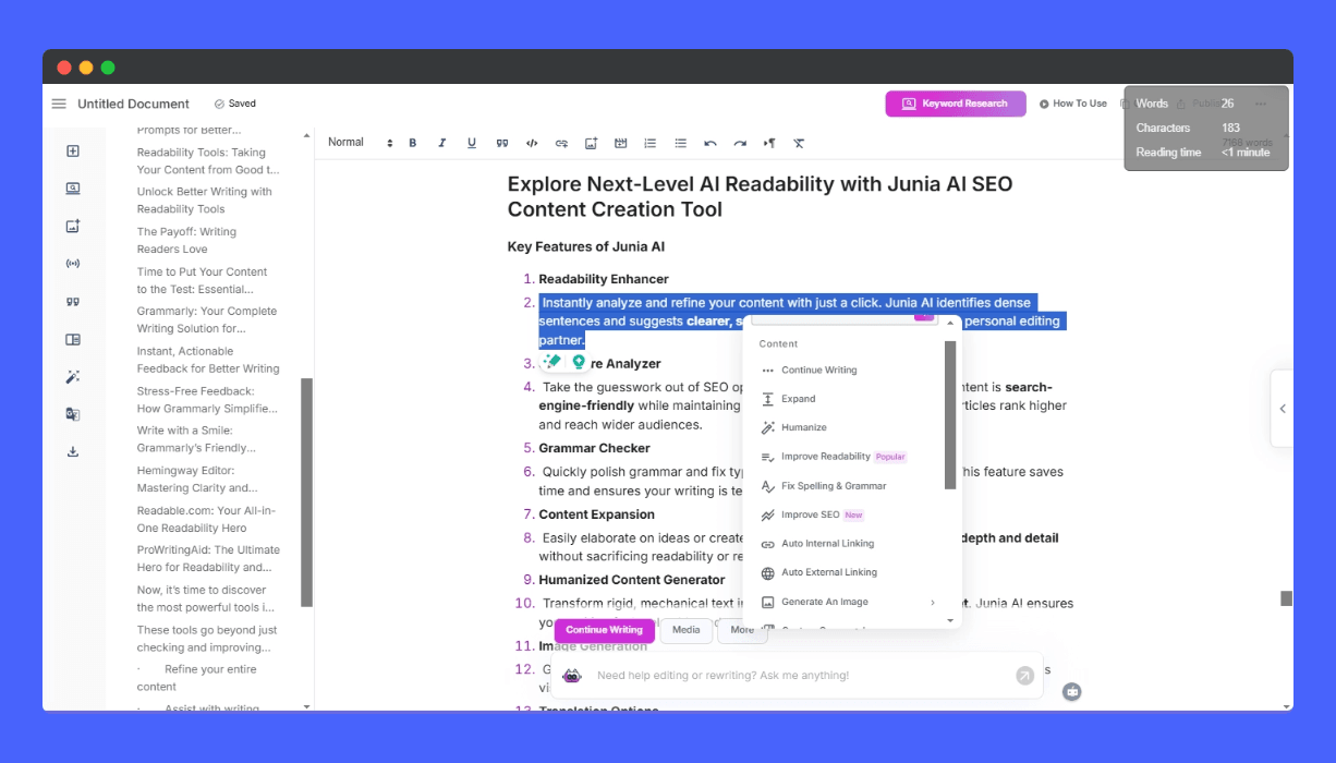 Screenshot of Junia AI SEO Content Creation Tool interface. The text is titled 'Explore Next-Level AI Readability with Junia AI SEO Content Creation Tool,' outlining features such as Readability Enhancer, AI Analyzer, Grammar Checker, and Content Expansion. The context menu displays options like 'Continue Writing,' 'Expand,' 'Humanize,' and 'Improve Readability,' showcasing the tool's capabilities in refining and optimizing content. The interface also shows word count, character count, and reading time