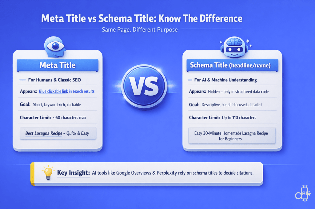 A comparison graphic titled Meta Title vs Schema Title Know The Difference set on a blue background