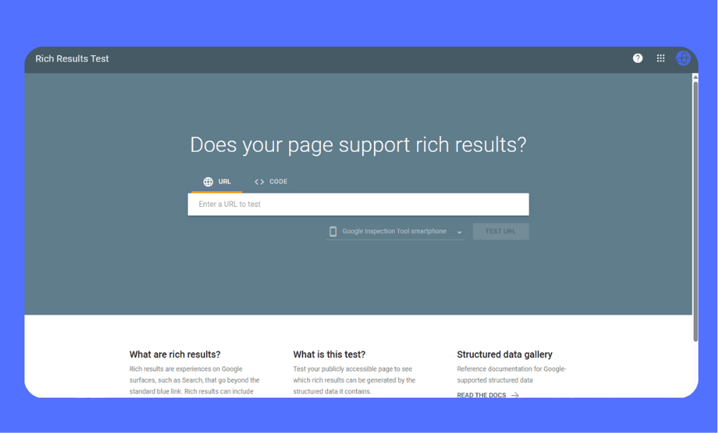 A screenshot of the Google Rich Results Test interface set against a professional blue background
