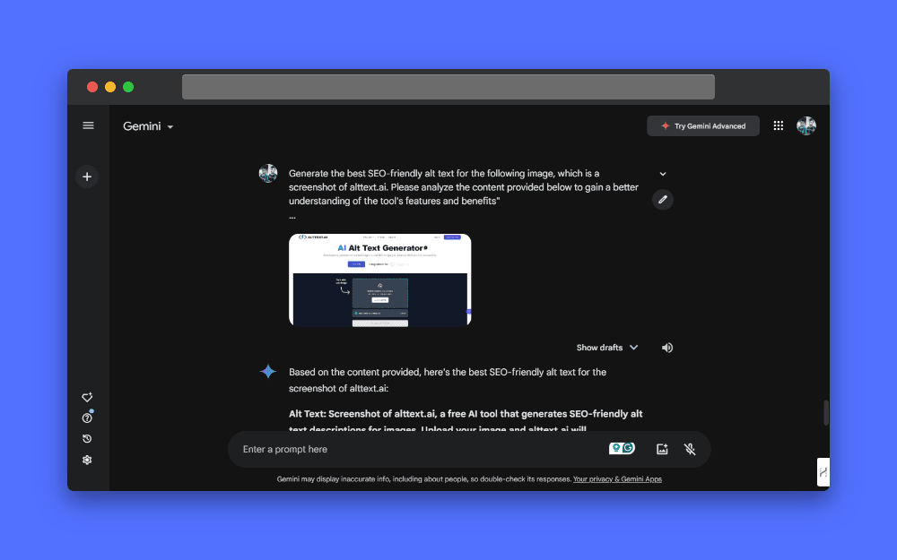 Screenshot of Gemini AI prompting the user to write SEO-friendly alt text for a screenshot of alttext.ai, a free AI tool that generates SEO-friendly alt text descriptions for images