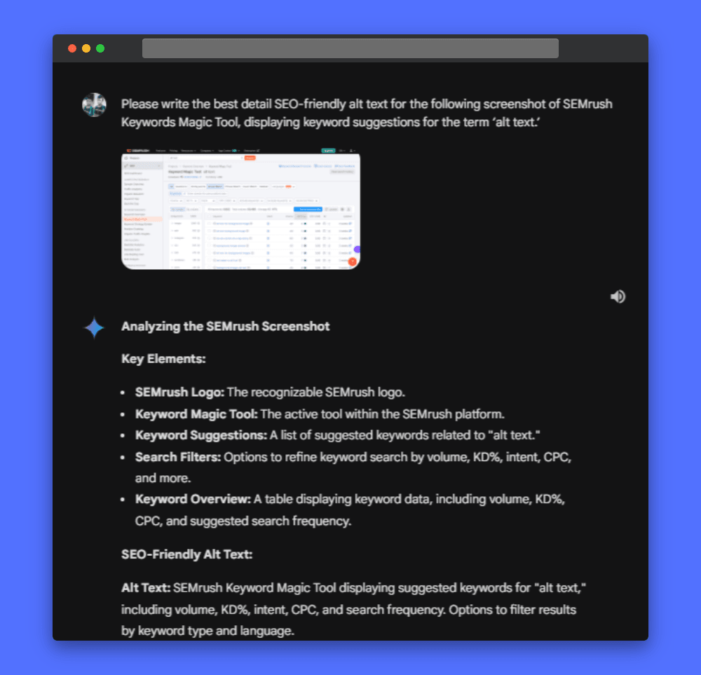 Screenshot of Gemini AI prompting the user to write SEO-friendly alt text for a SEMrush Keyword Magic Tool screenshot displaying suggested keywords for the term "alt text