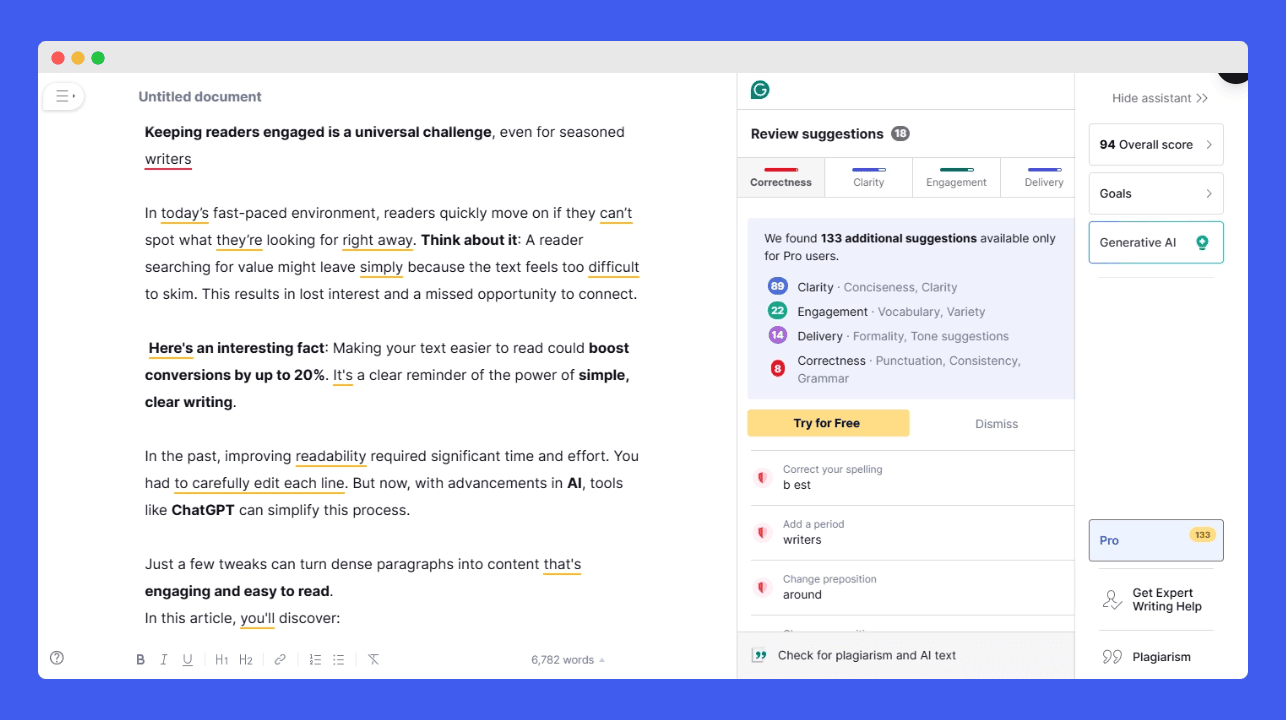 Screenshot of the Grammarly interface, showing a document with readability suggestions, an overall score, and various feedback categories.