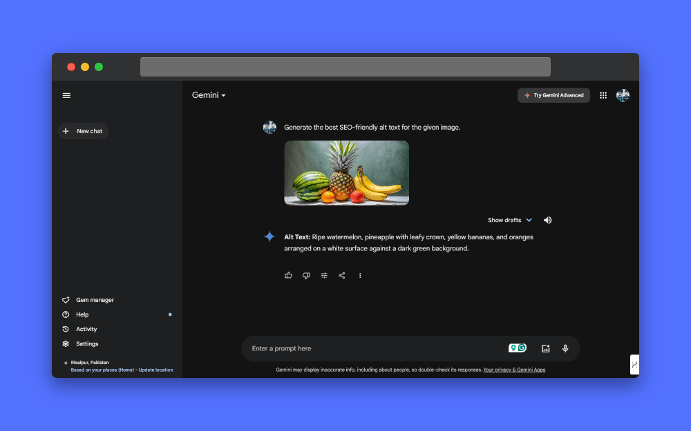 Screenshot of the Gemini AI chatbot interface prompting the user to generate the best SEO-friendly alt text for a given image. The image shows a still life of a ripe watermelon, a pineapple with leafy crown, yellow bananas, and oranges arranged on a white surface against a dark green background.
