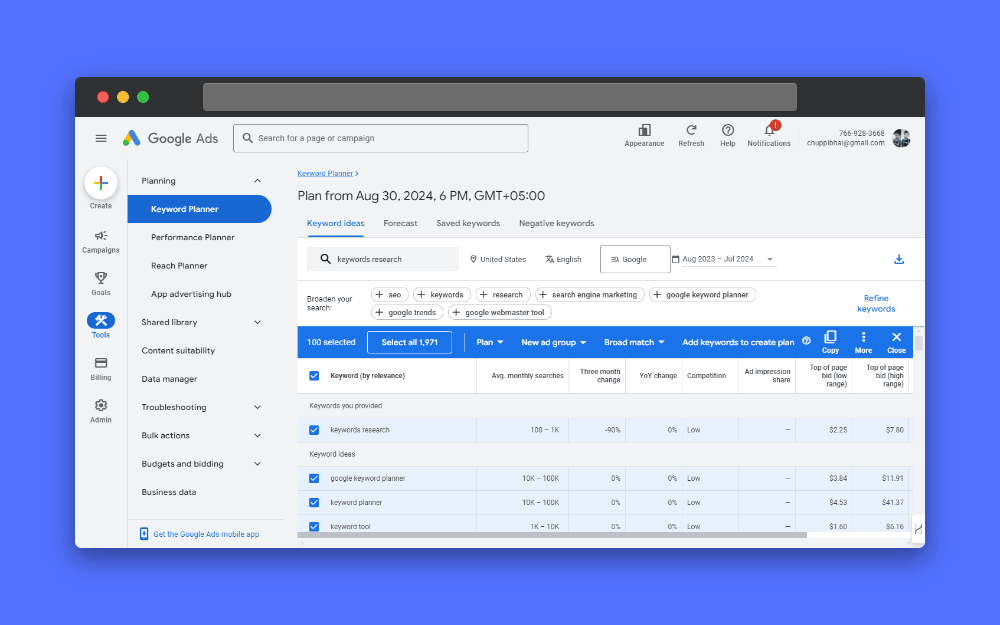Screenshot of Google Keyword Planner interface showing keyword ideas, search volume, competition, and CPC data for keyword research, with options to refine keywords and create a plan.