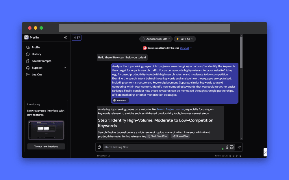 Merlin AI interface showing a prompt for competitive keyword analysis, focusing on Search Engine Journal and AI-based productivity tools